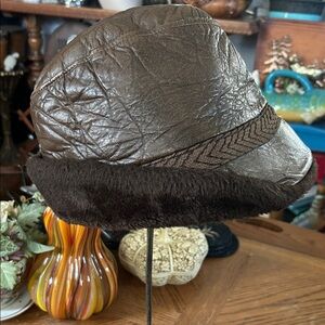 Vintage Brown Leather Faux Fur Aviator Hat